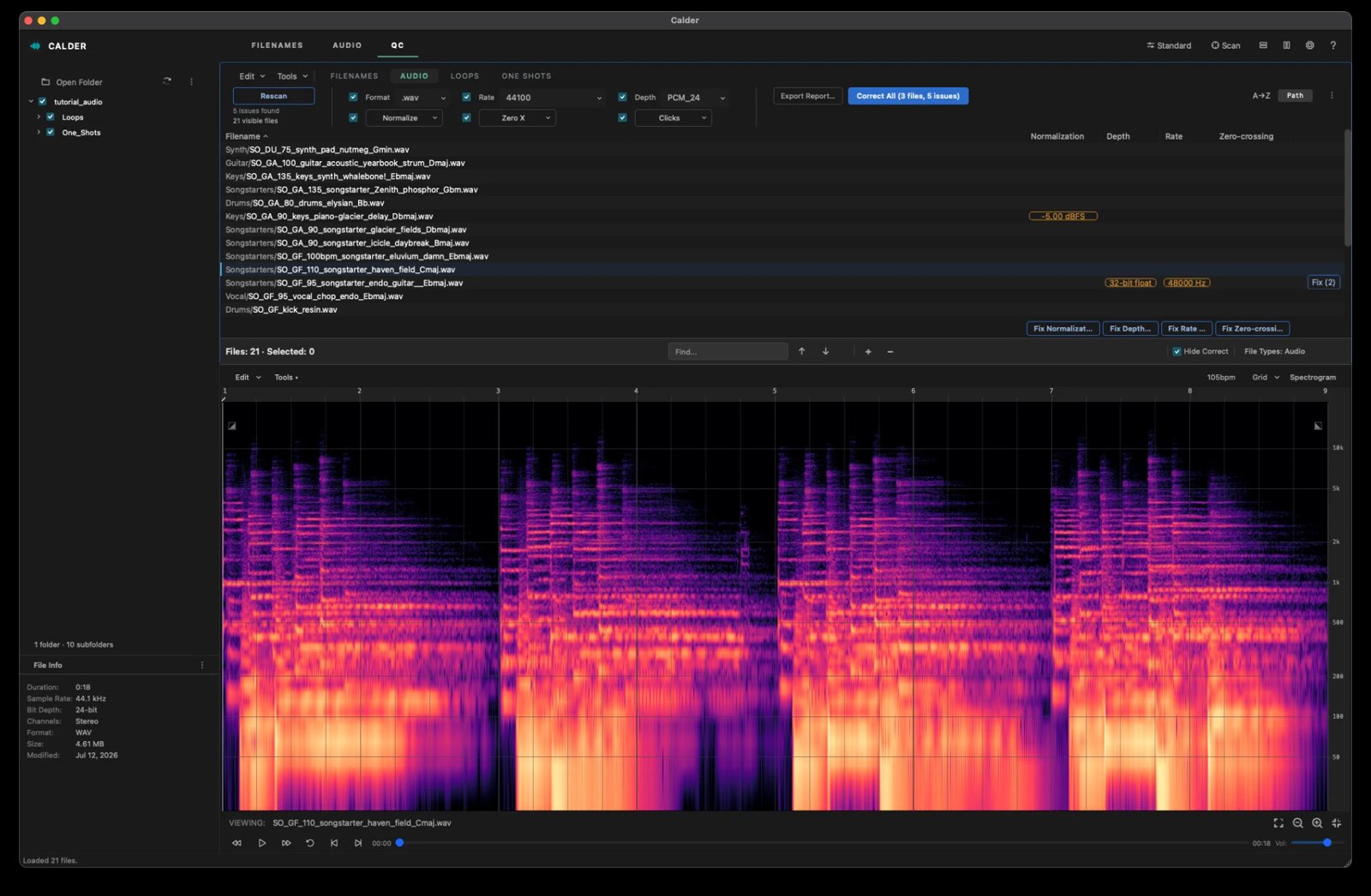 Calder QC quality-control view — a folder of samples with the spectrogram viewer and audio-spec checks