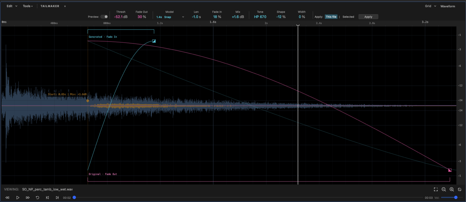 Calder QC Tailmaker — a synthesized tail with fade-out and fade-in curves drawn over the waveform